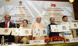 The Minister of State for Communications (Independent Charge) and Railways, Shri Manoj Sinha releasing a Commemorative Postage Stamp on Rio Olympic Games, in New Delhi on August 05, 2016. The Minister of State for Youth Affairs and Sports (I/C), Water Resources, River Development and Ganga Rejuvenation, Shri Vijay Goel, the Secretary, Ministry of Youth & Sports, Shri Rajiv Yadav and other dignitaries are also seen.